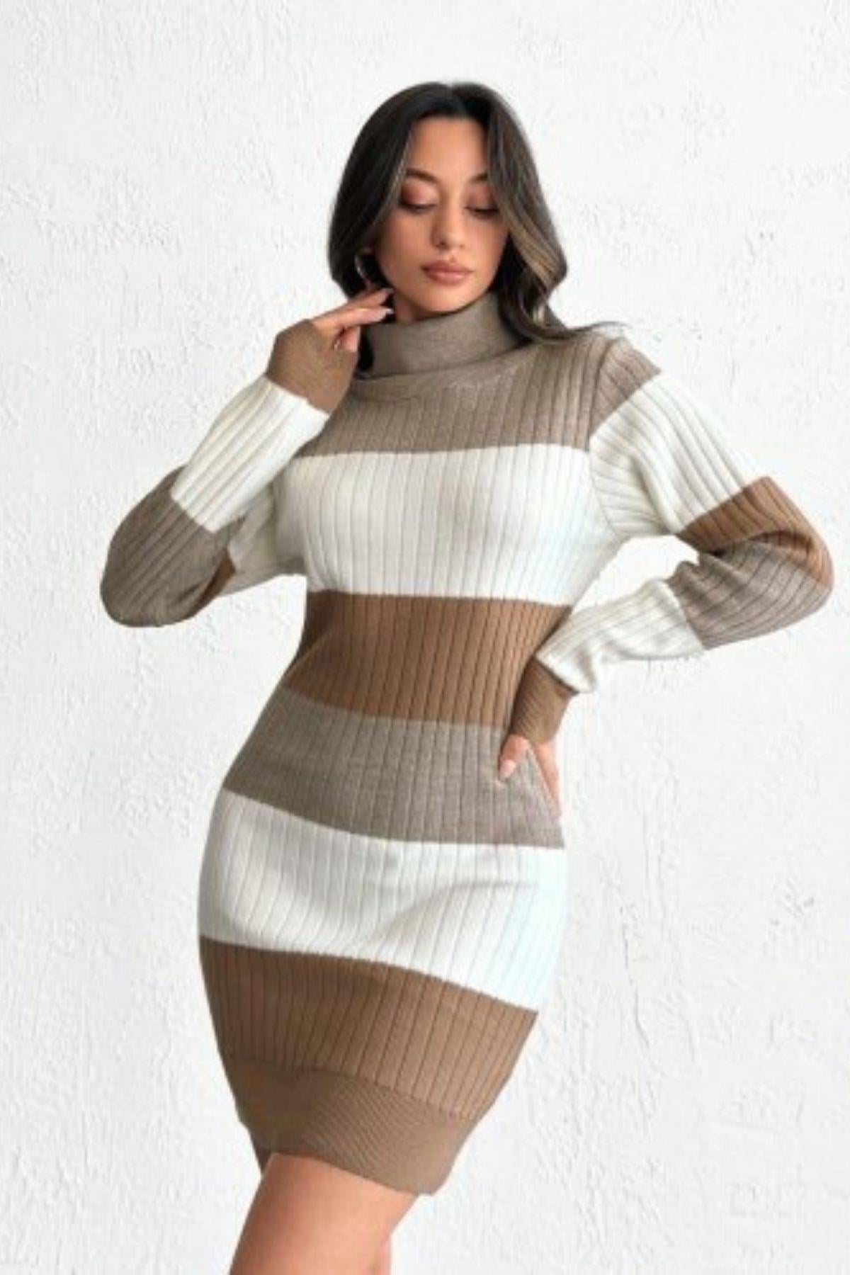 Balıkçı Yaka Üç Renk Triko Mini Elbise Krem
