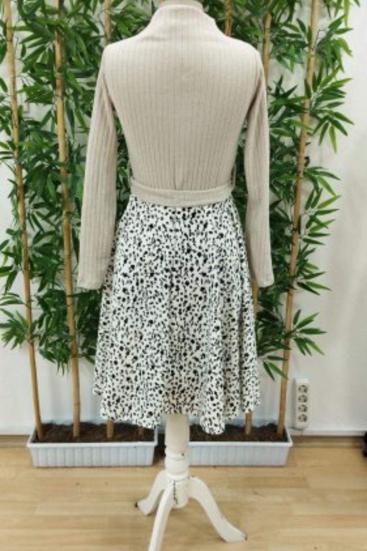 Balıkçı Yaka  Üst Kaşkorse Eteği Dalgıç Kısa Elbise Bej