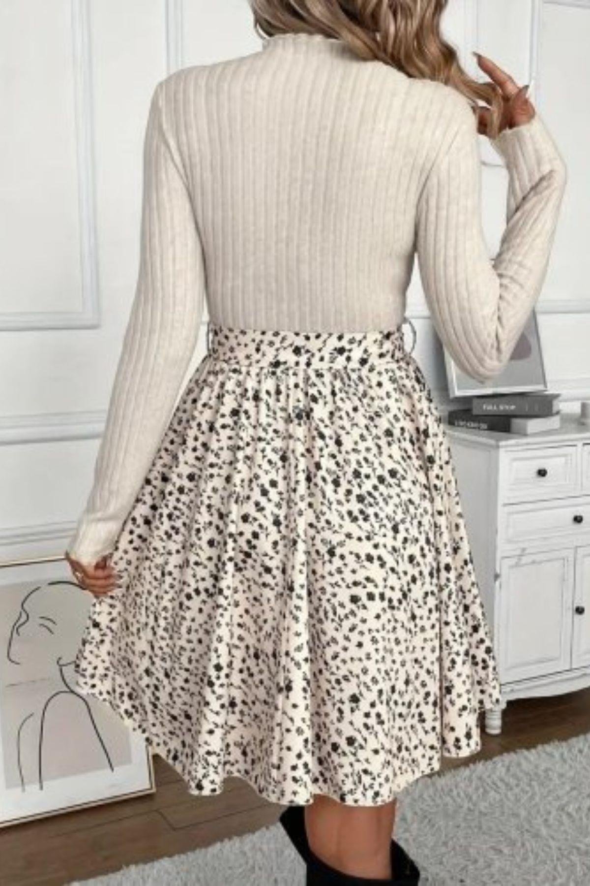 Balıkçı Yaka  Üst Kaşkorse Eteği Dalgıç Kısa Elbise Bej