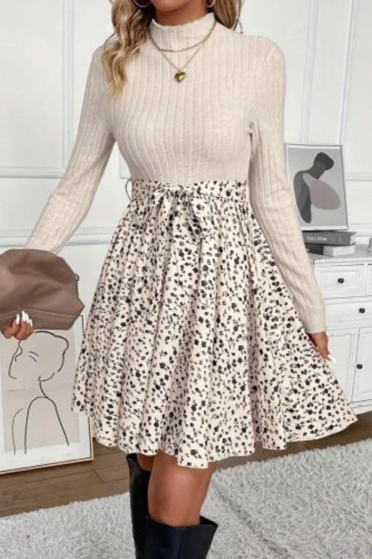 Balıkçı Yaka  Üst Kaşkorse Eteği Dalgıç Kısa Elbise Bej