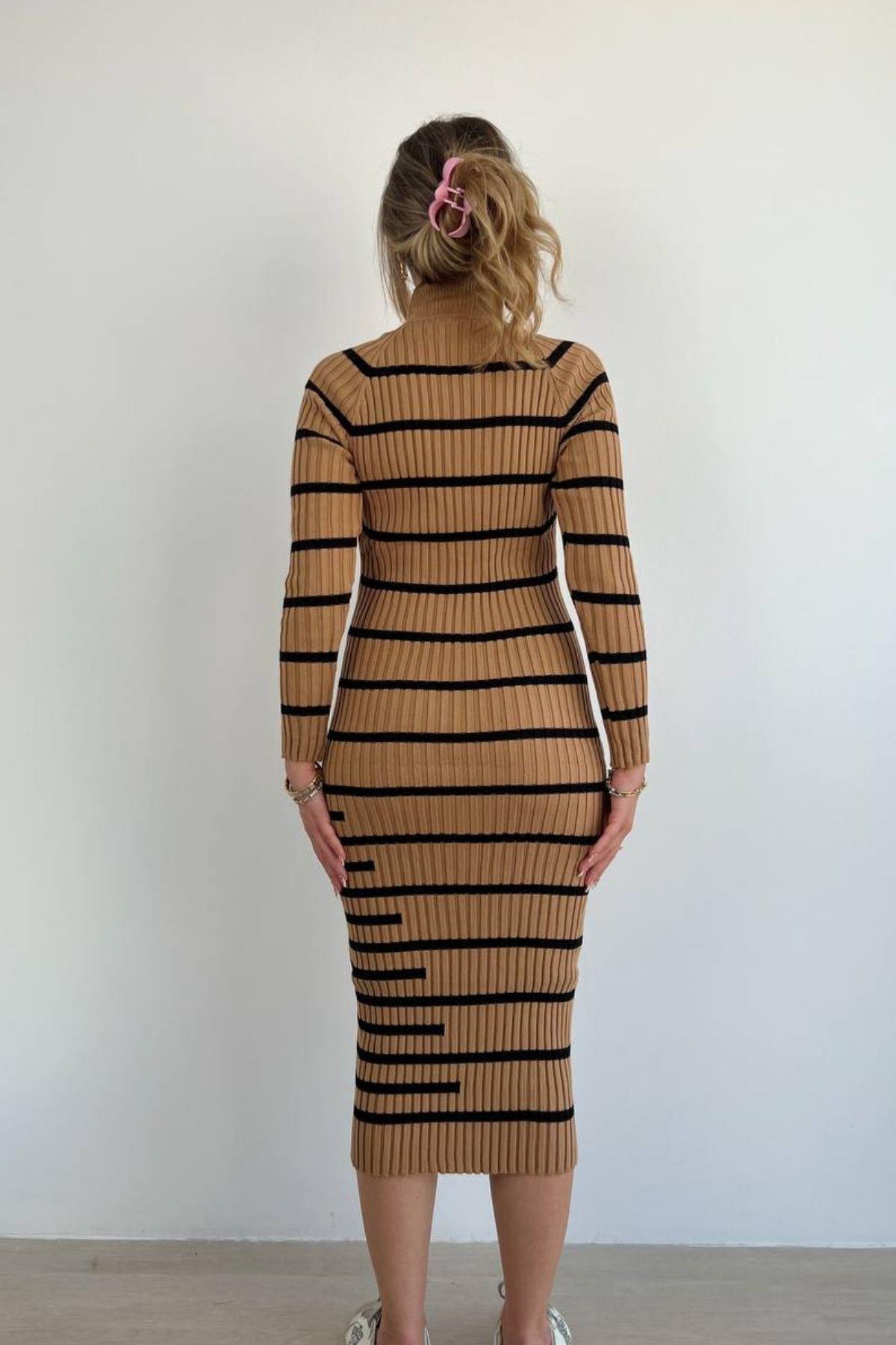 Balıkçı Yaka Uzun Kollu Çizgili Triko Elbise Kahve