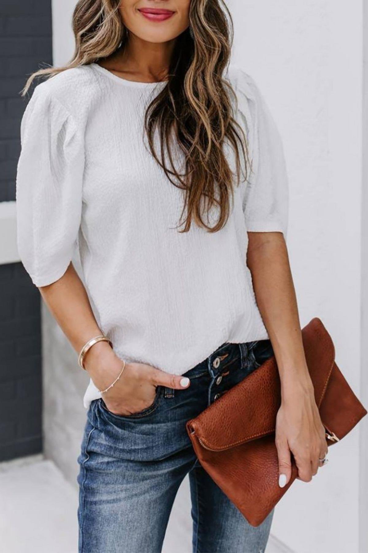 Balon Kol Pileli Bürümcük Bluz Beyaz