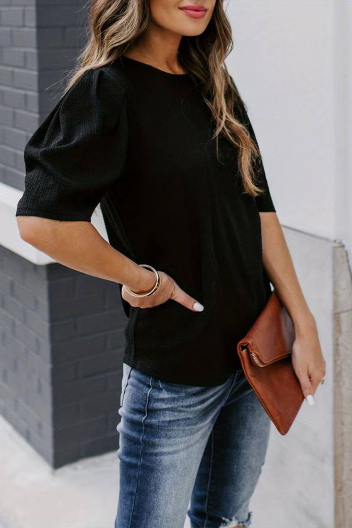 Balon Kol Pileli Bürümcük Bluz Siyah