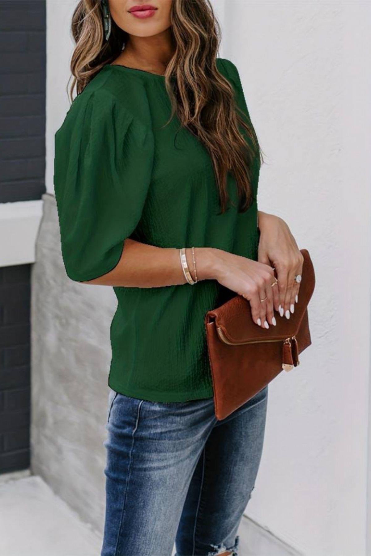 Balon Kol Pileli Bürümcük Bluz Yeşil