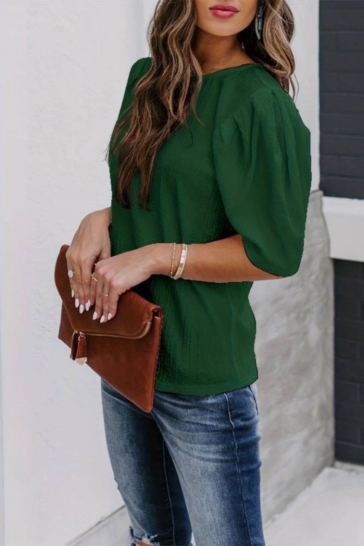 Balon Kol Pileli Bürümcük Bluz Yeşil