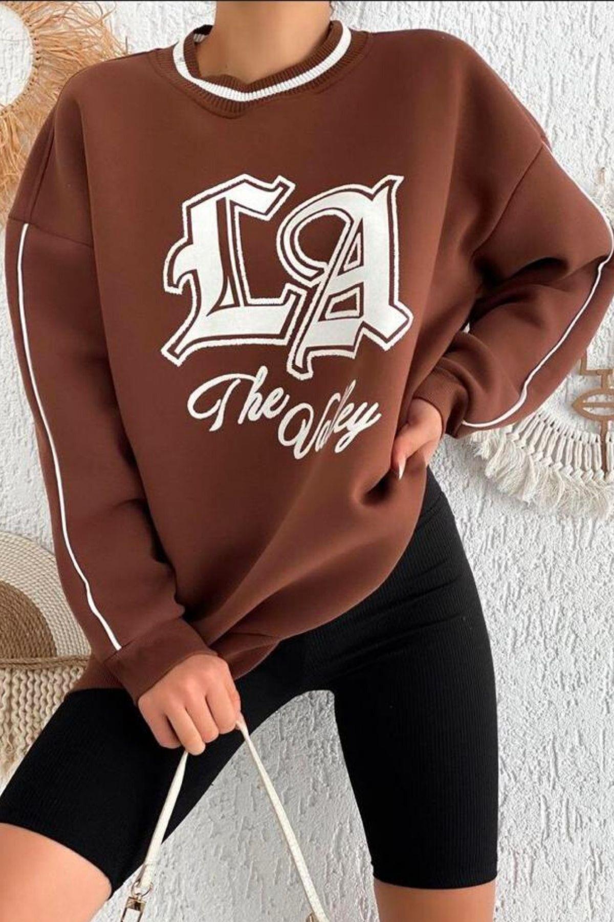 Baskılı Kalın Sweat Kahve