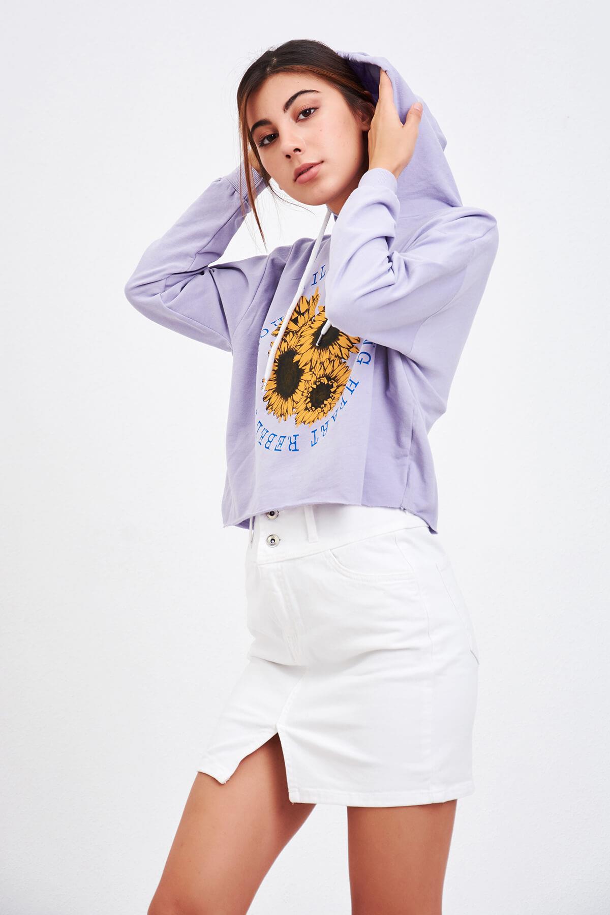 Baskılı Kısa Sweatshirt Lila