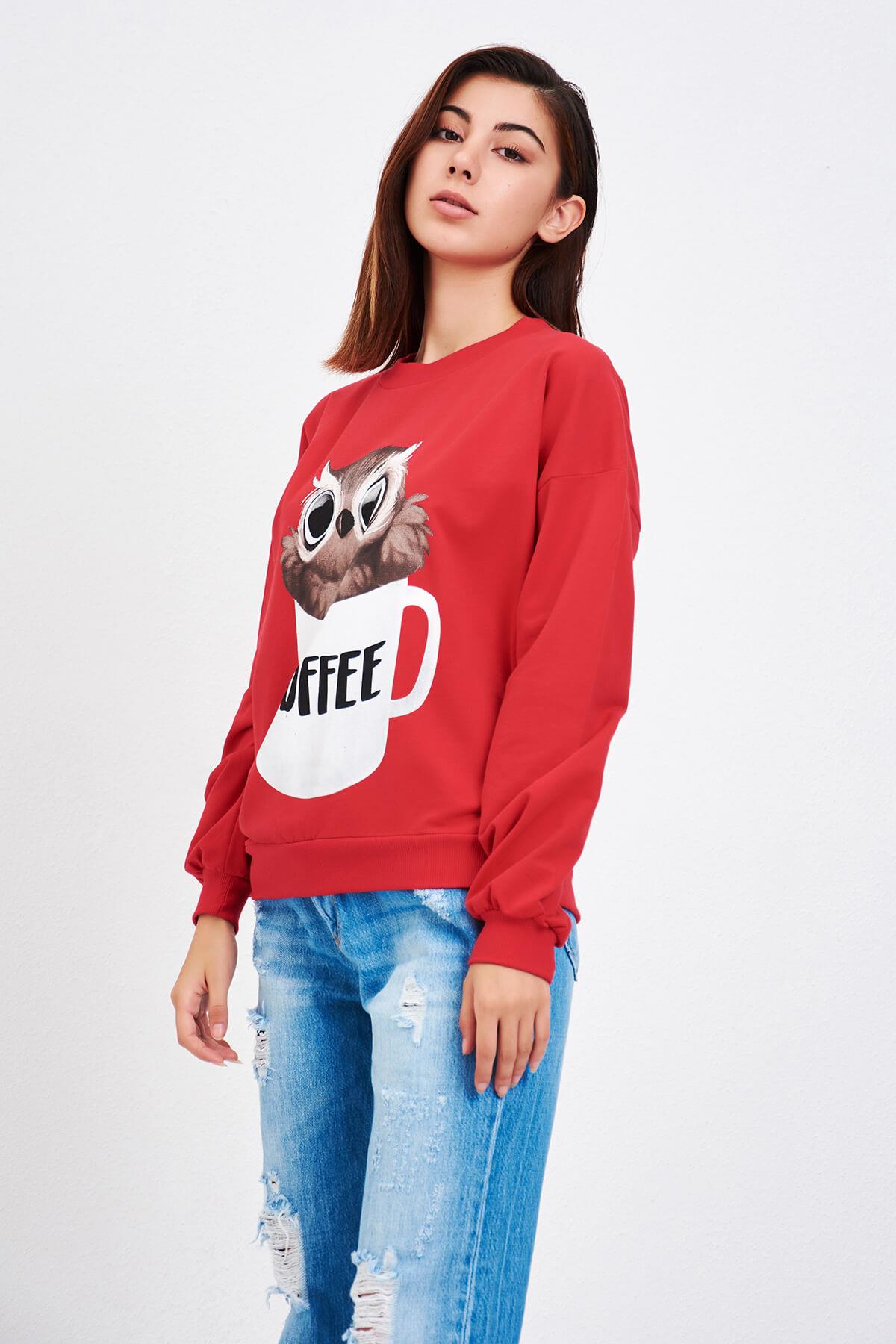Baykuş Baskılı Sweat Kırmızı