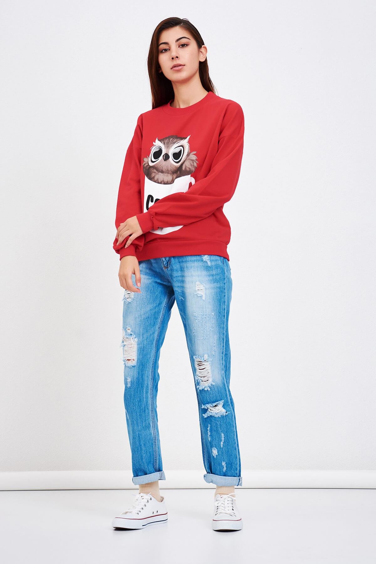 Baykuş Baskılı Sweat Kırmızı