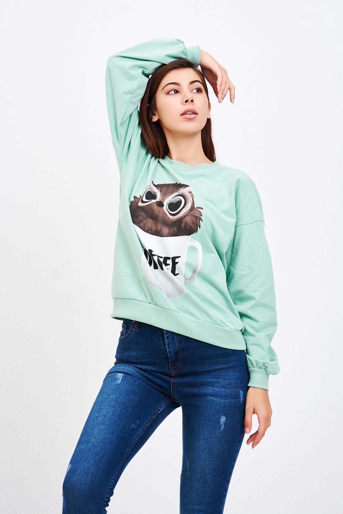 Baykuş Baskılı Sweat Mint