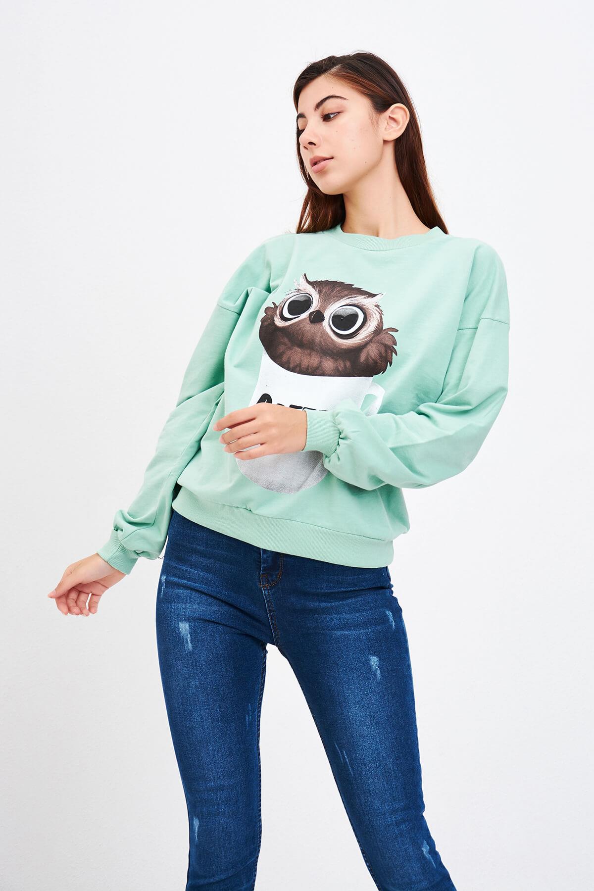 Baykuş Baskılı Sweat Mint