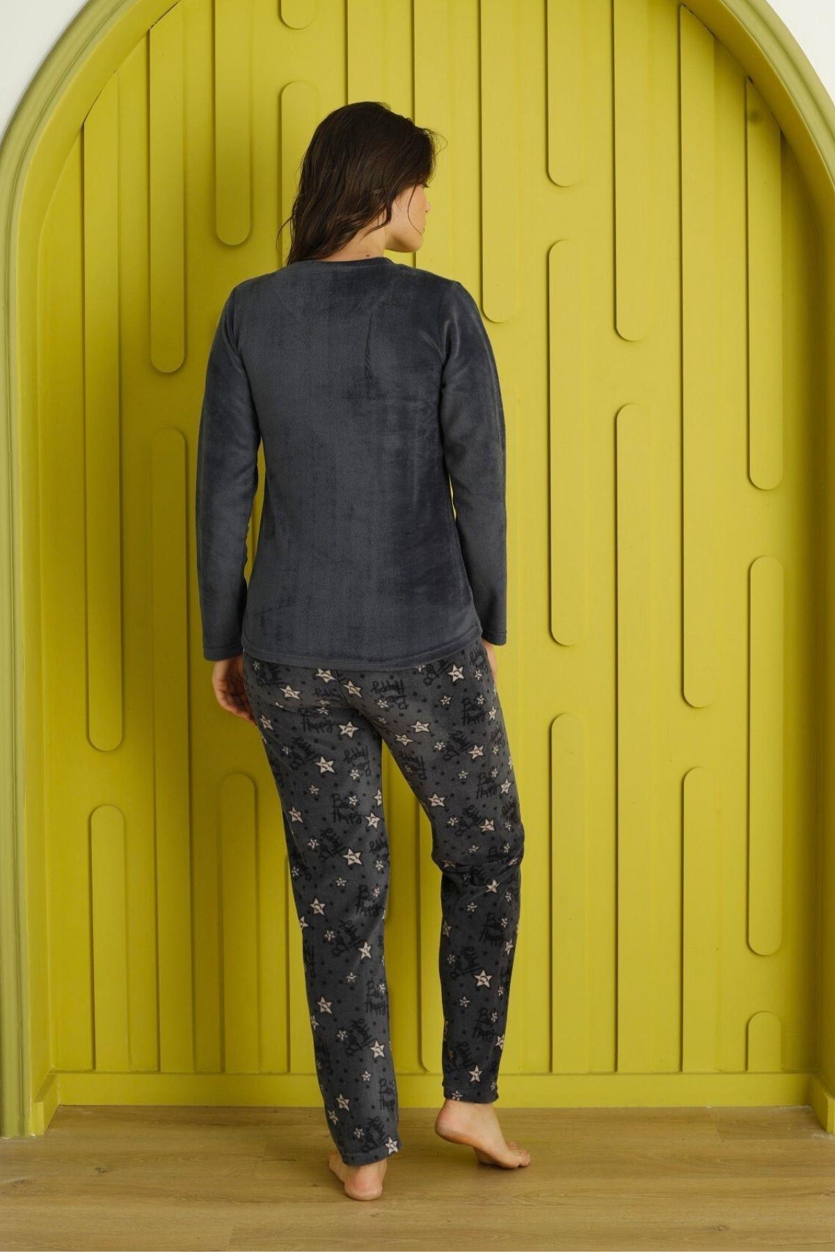 Be Happy Yıldız Desenli Kadife Pijama Takımı Siyah