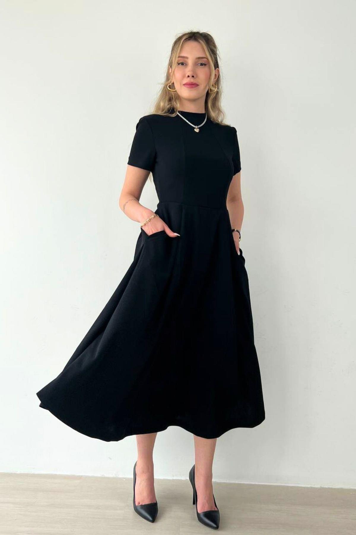 Bebe Yaka Kısa Kollu Midi Boy Elbise Siyah 582110