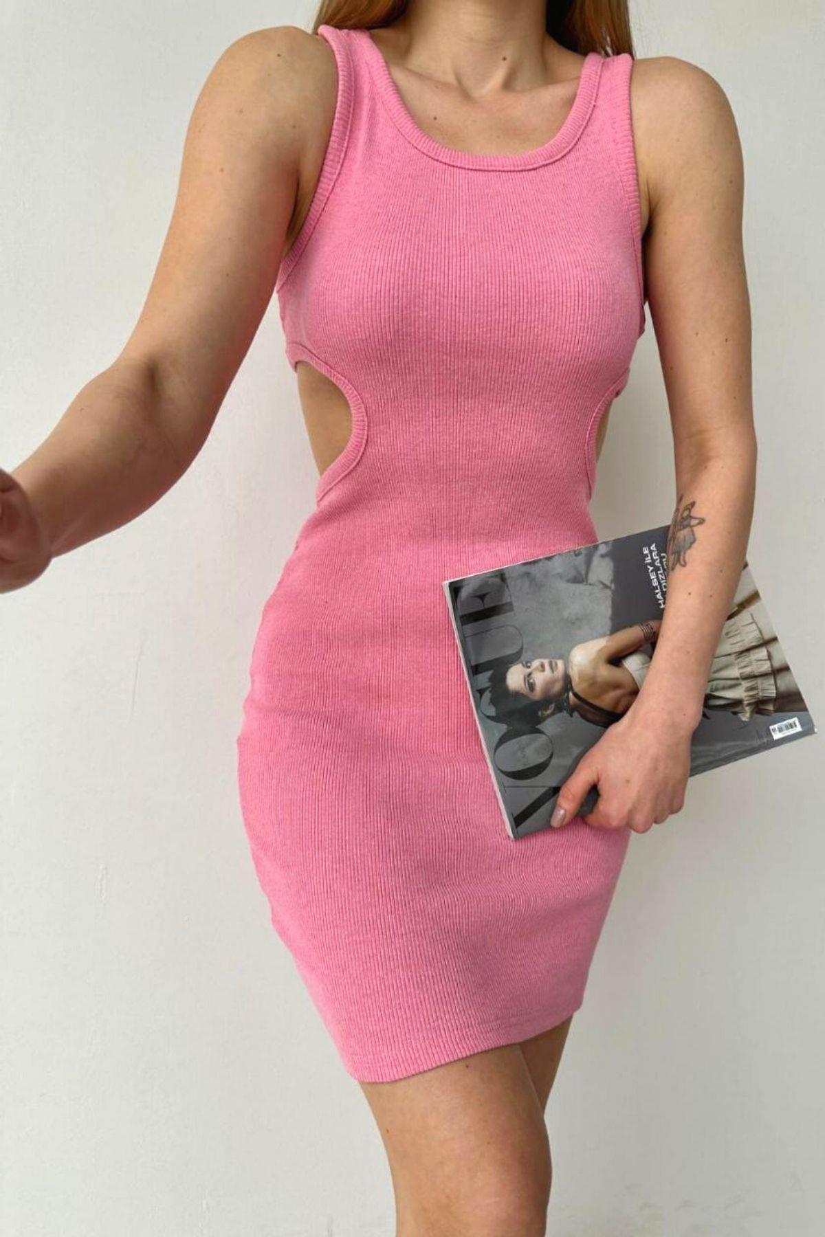 Bel Dekolteli Fitilli Kaşkorse Elbise Pembe