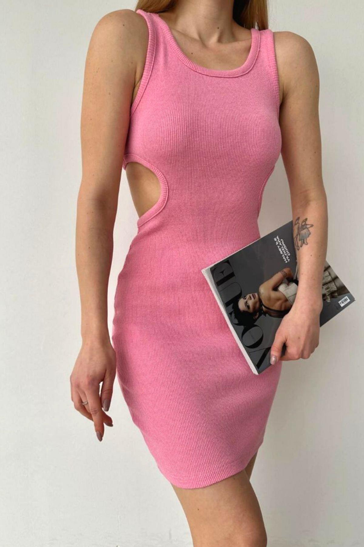 Bel Dekolteli Fitilli Kaşkorse Elbise Pembe