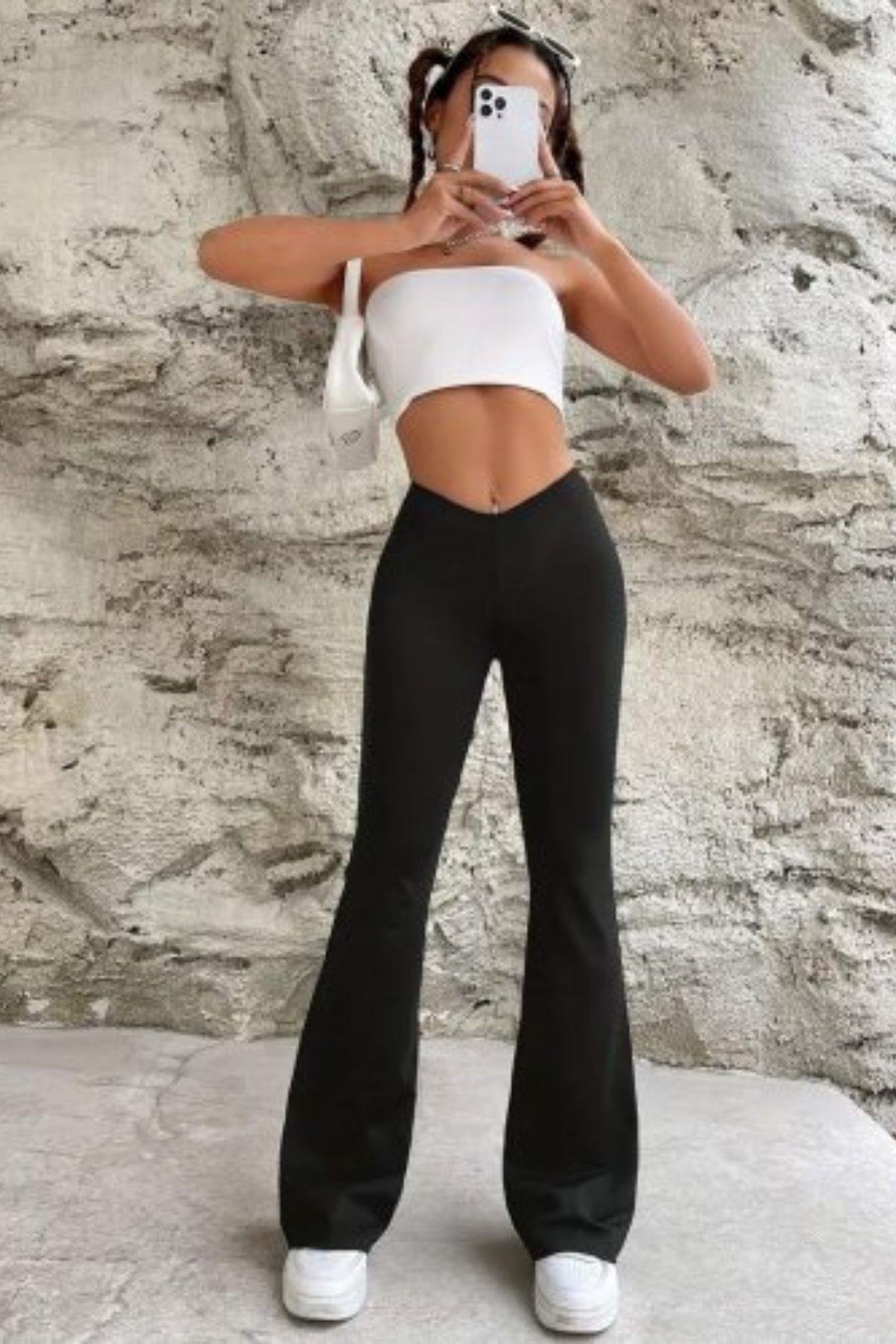 Bel Detaylı İspanyol Paça Dalgıç Pantolon Siyah