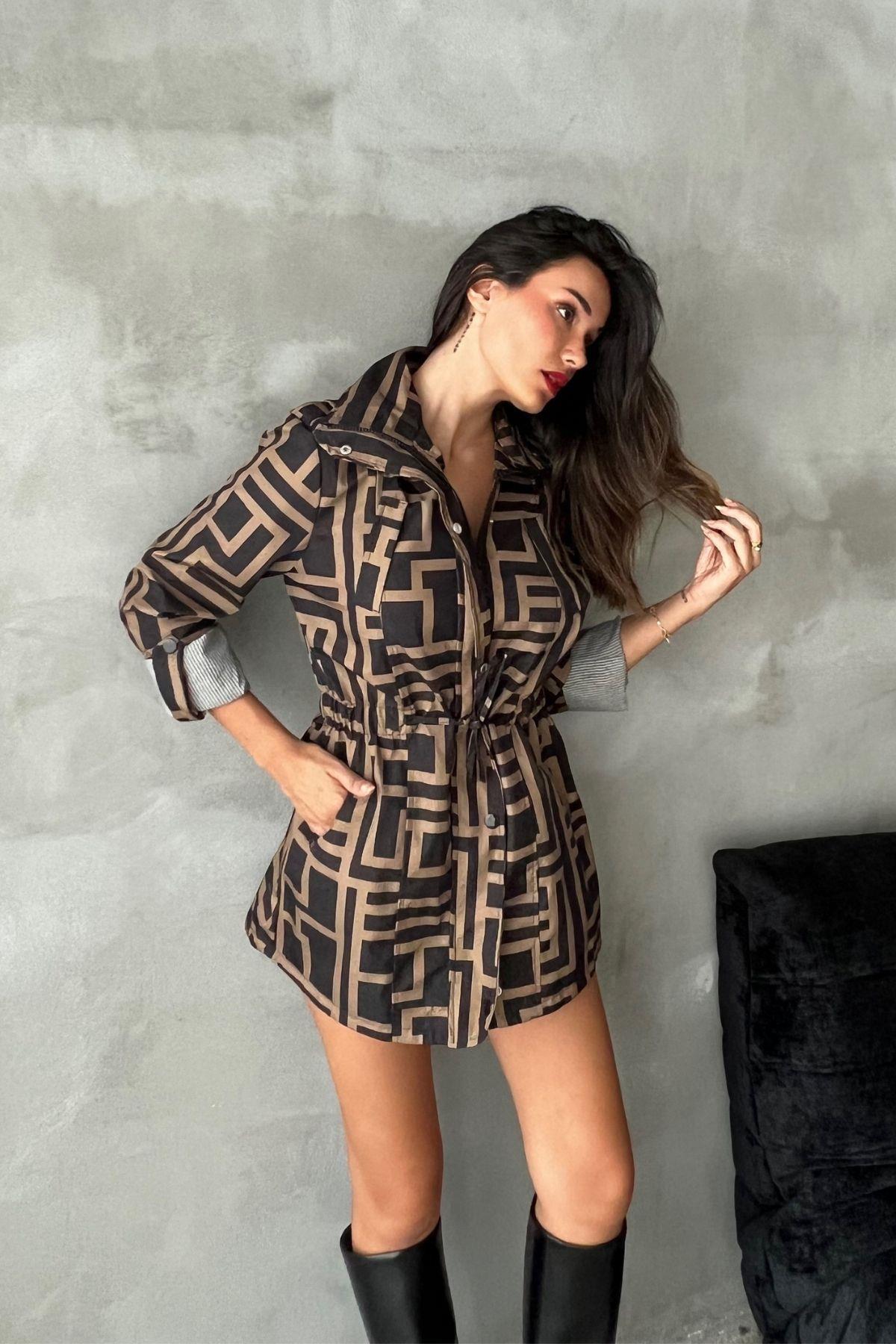 Bel Lastikli Kadın Siyahkahve Trençkot