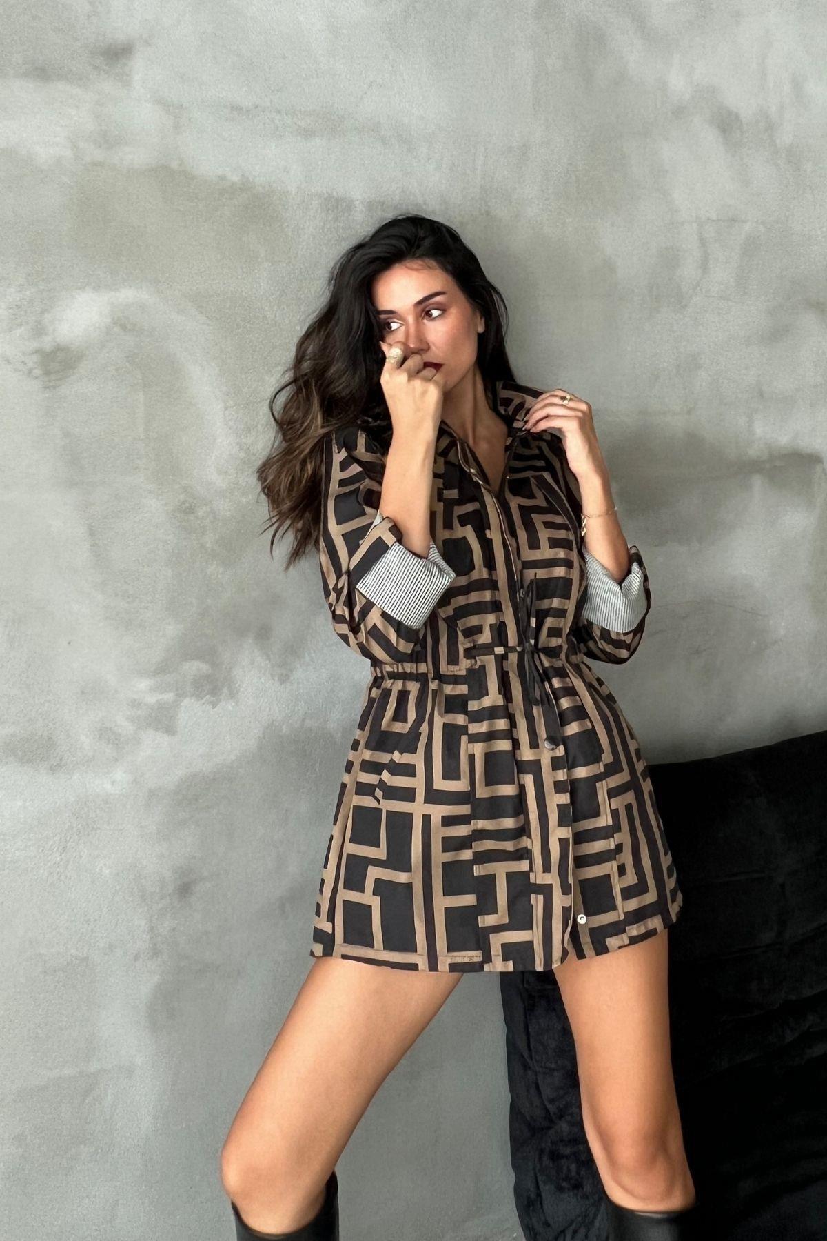 Bel Lastikli Kadın Siyahkahve Trençkot