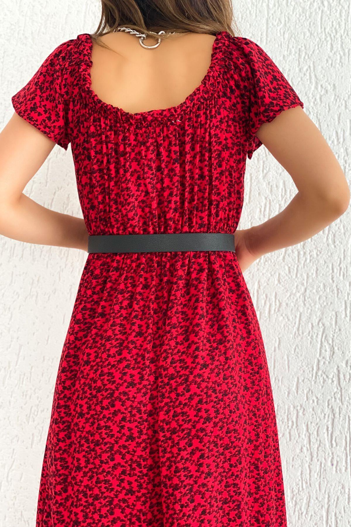 Bel Lastikli Madonna Yaka Elbise Siyah Kırmızı