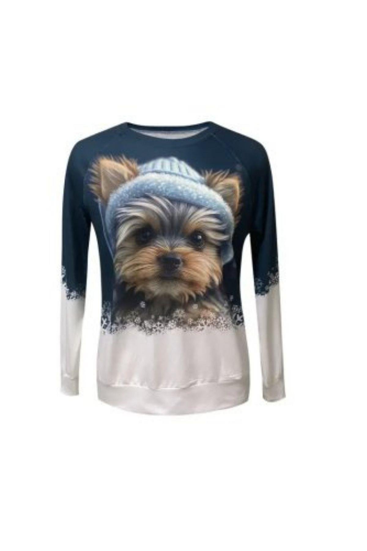 Bisiklet Yaka Baskılı Şardonlu Dalgıç Bluz Lacivert