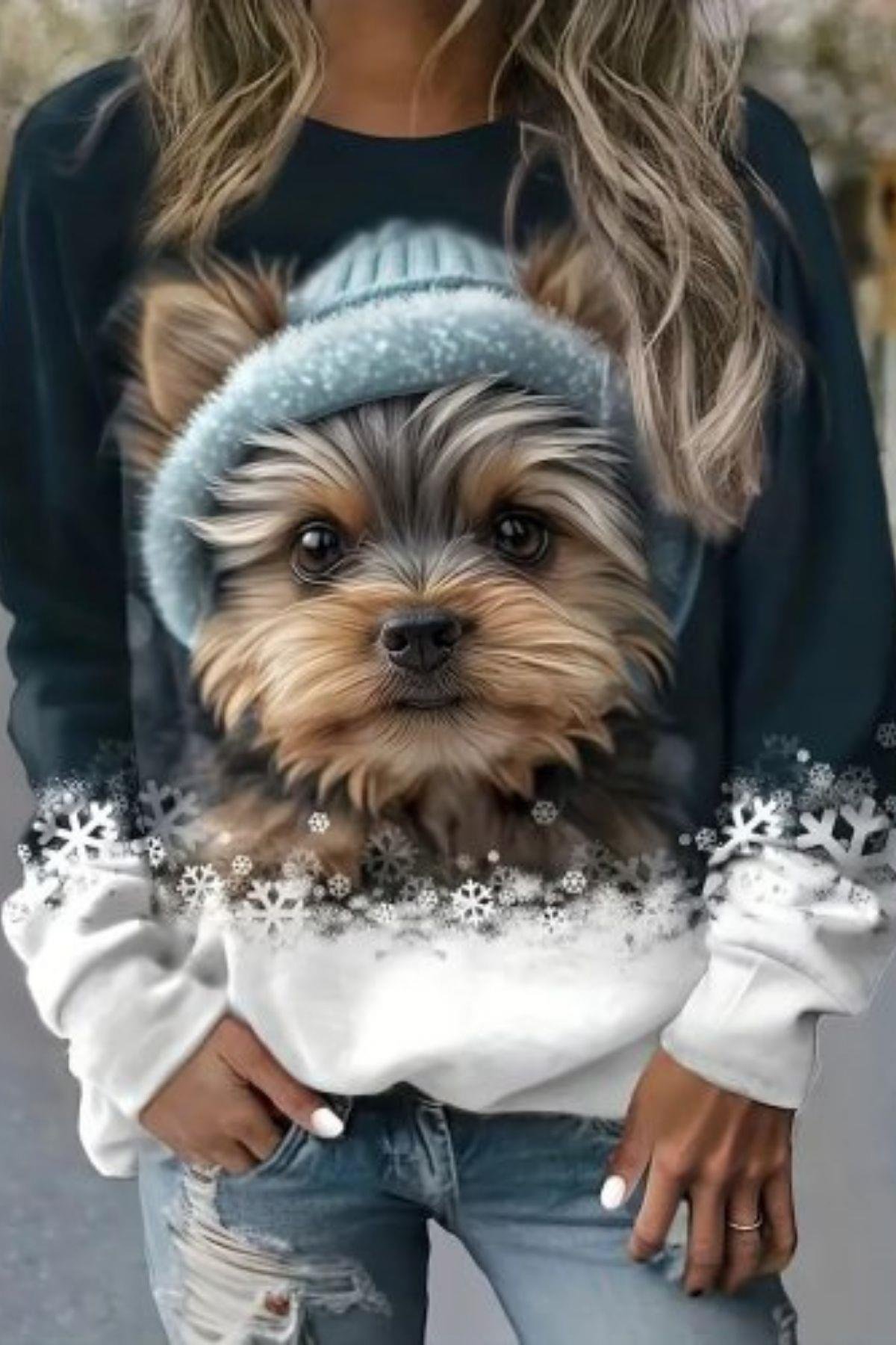 Bisiklet Yaka Baskılı Şardonlu Dalgıç Bluz Lacivert