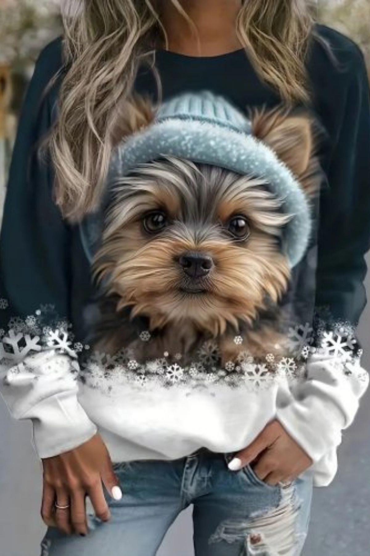 Bisiklet Yaka Baskılı Şardonlu Dalgıç Bluz Lacivert