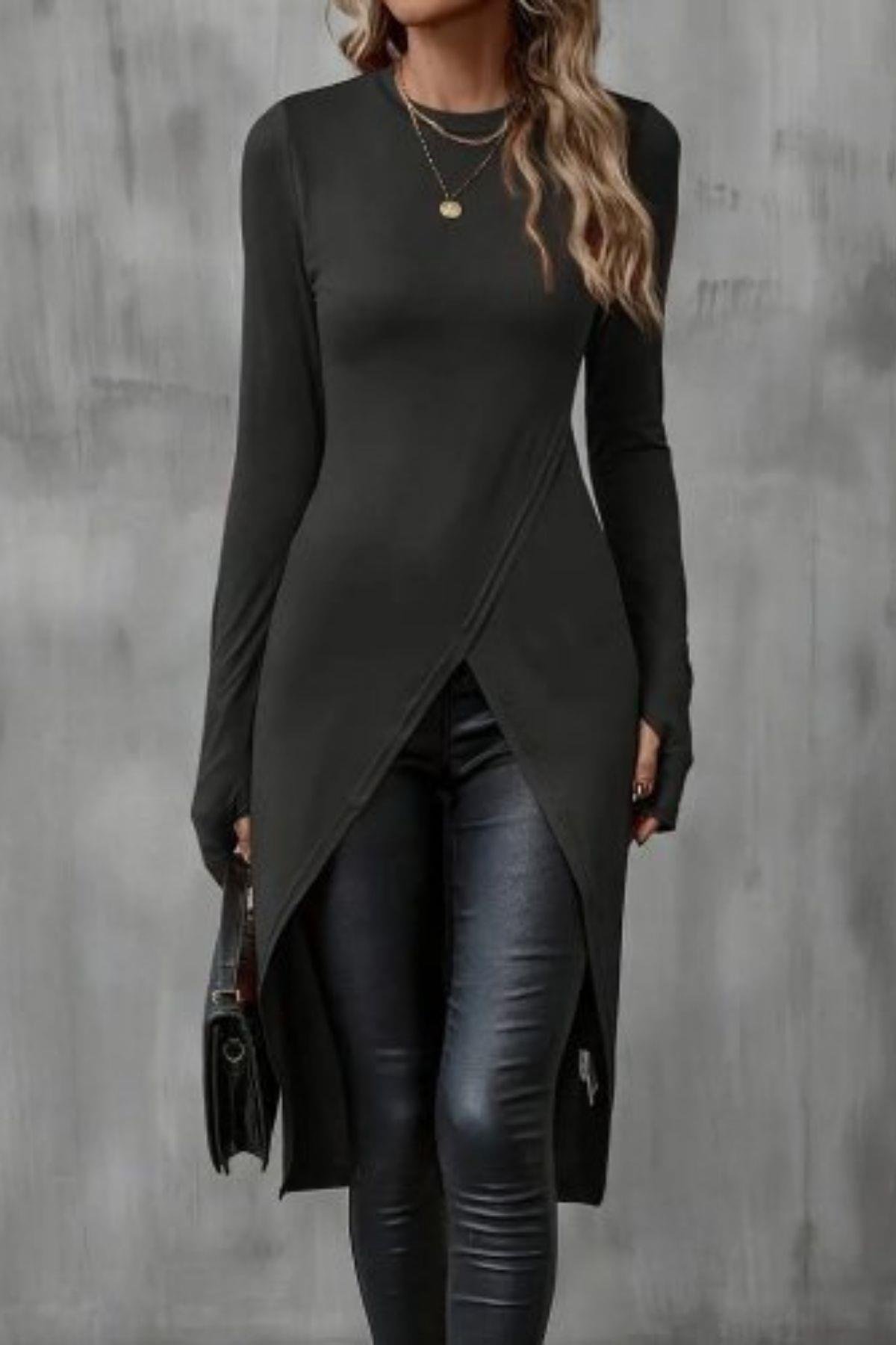 Bisiklet Yaka Çapraz Kesim Viskon Bluz Siyah