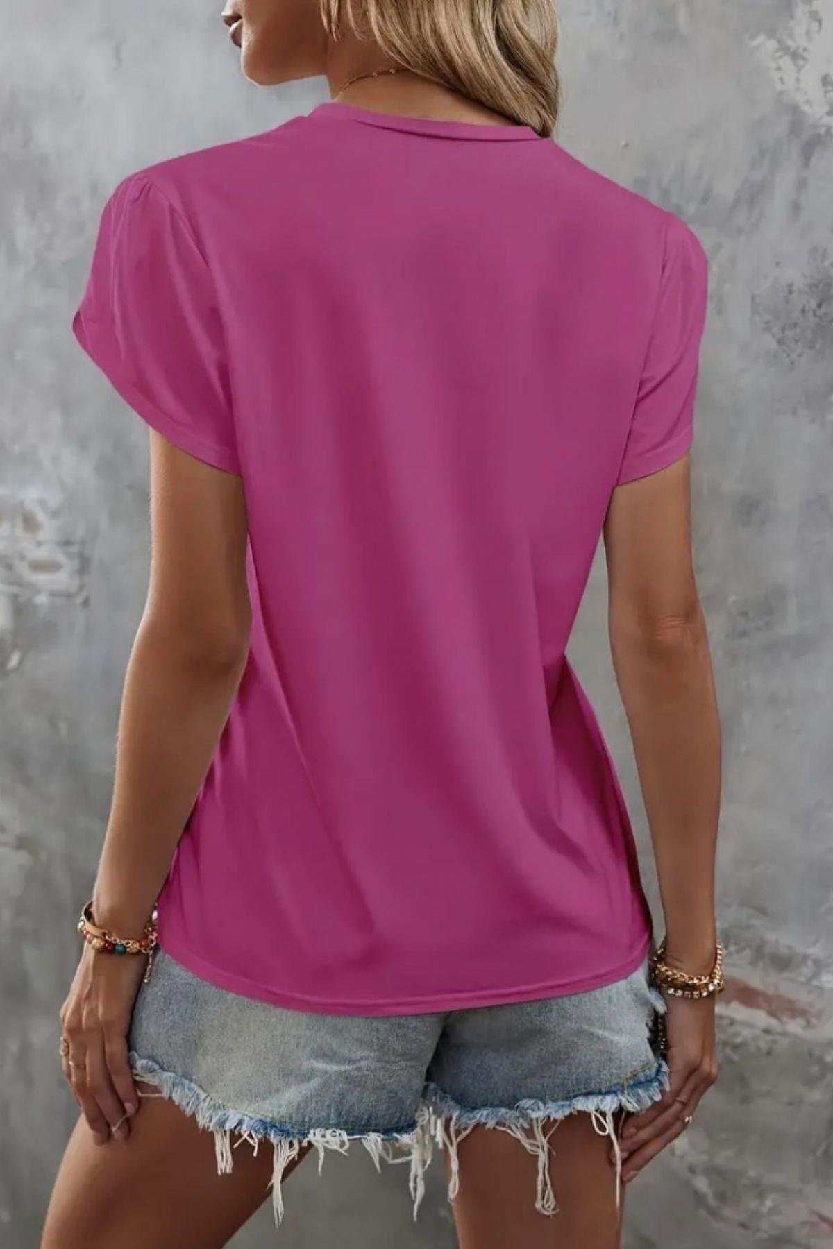 Bisiklet Yaka Cep Detaylı Viskon Bluz Pembe