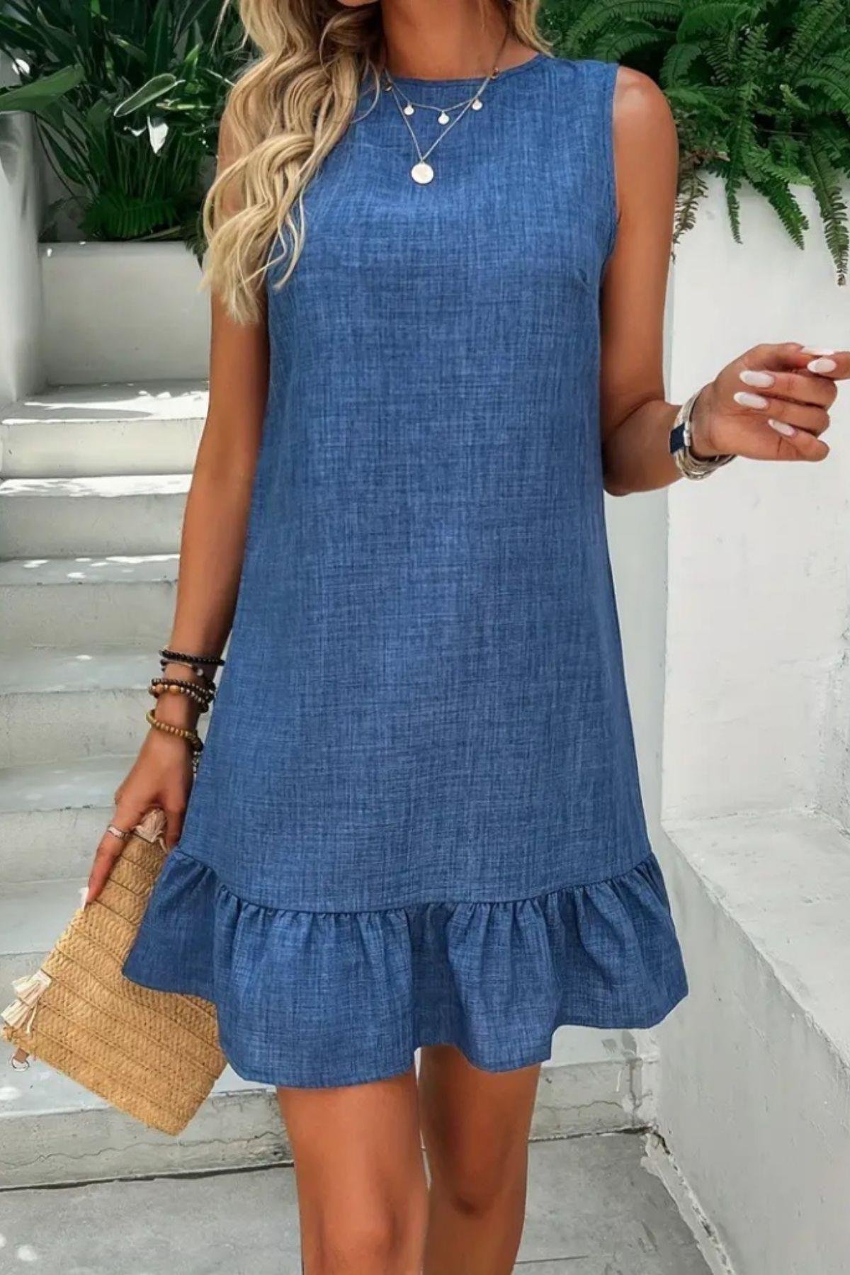 Bisiklet Yaka Fırfırlı Keten Elbise Mavi