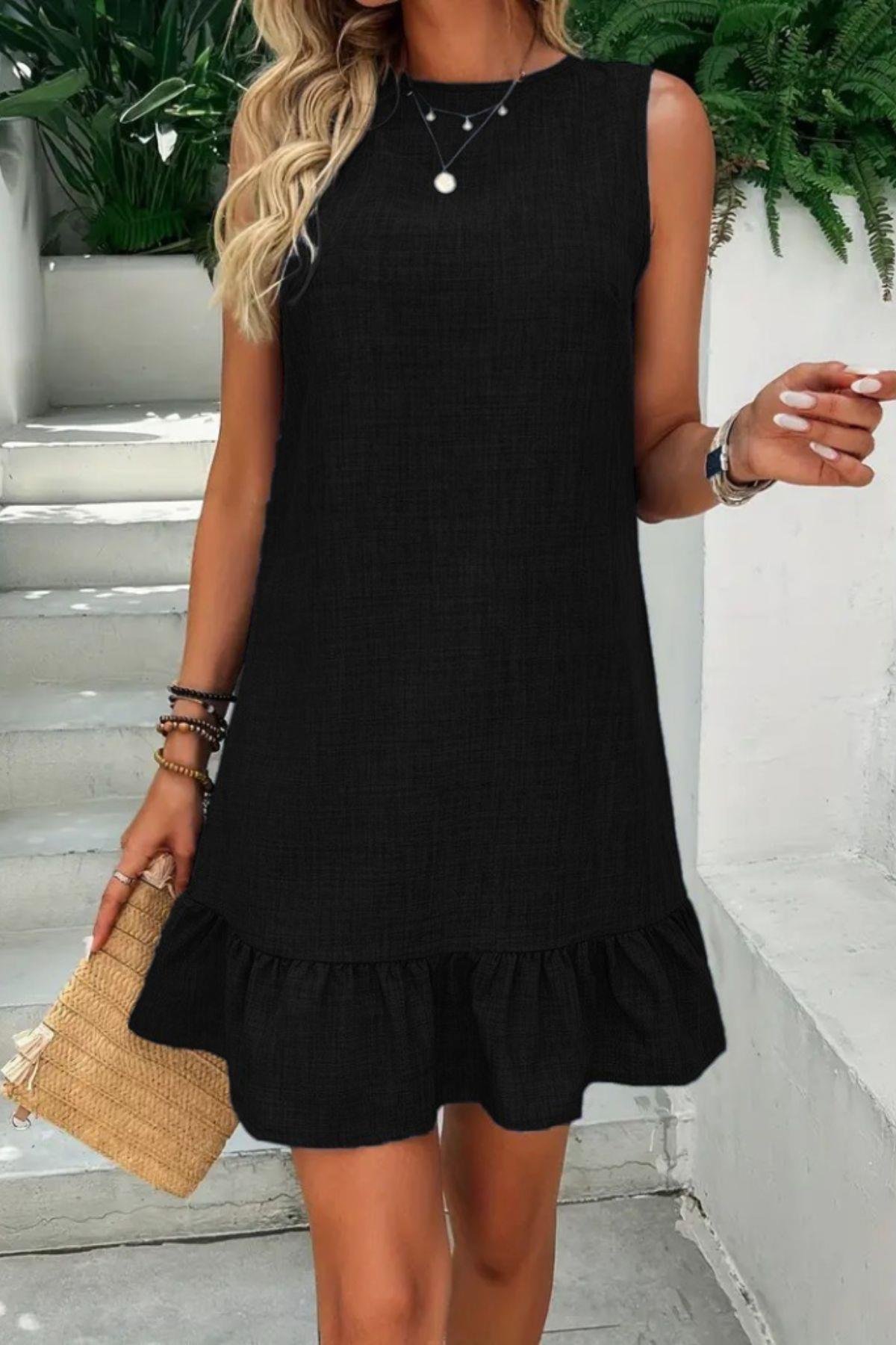 Bisiklet Yaka Fırfırlı Keten Elbise Siyah