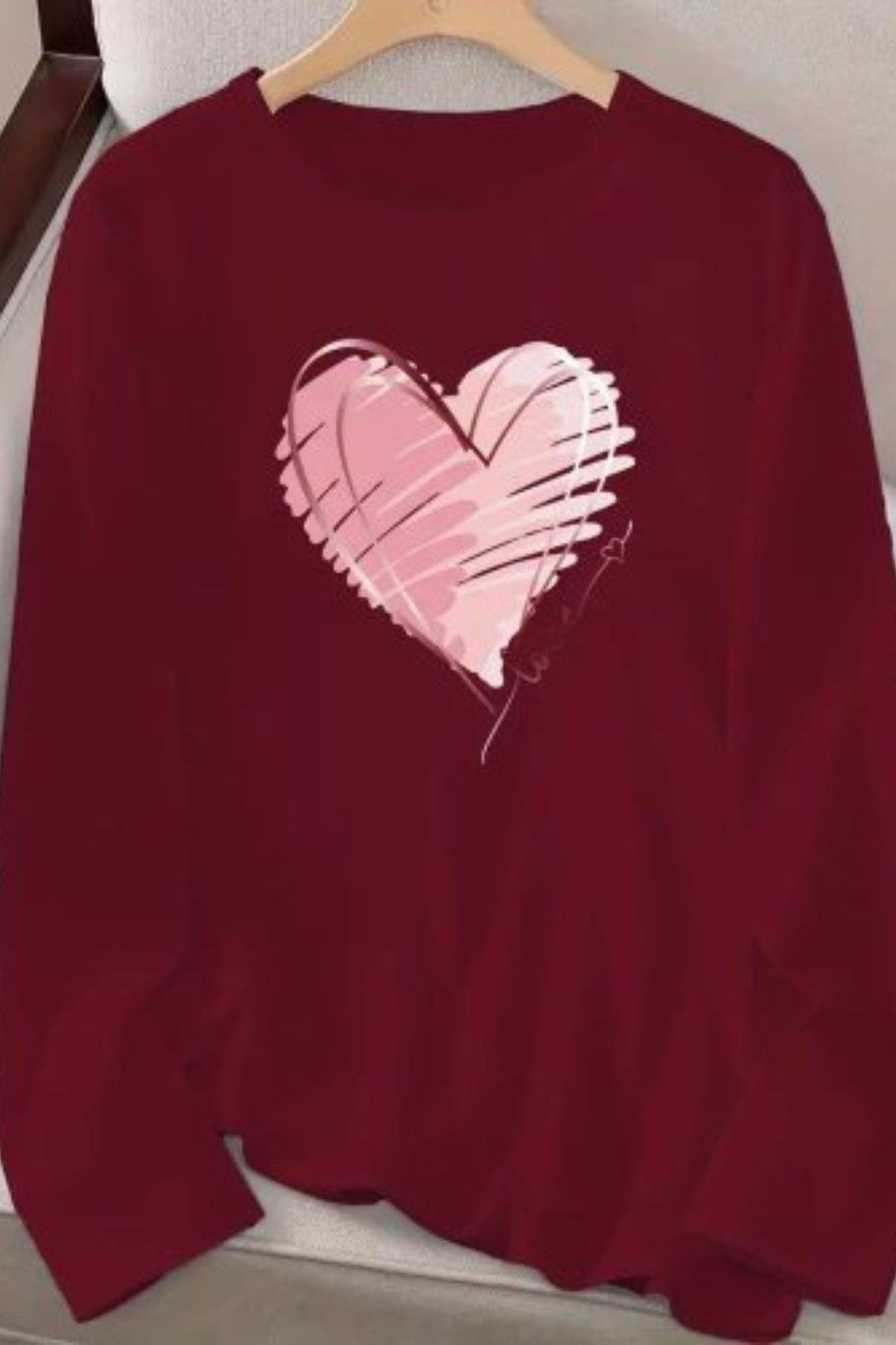 Bisiklet Yaka Kalp Desenli Viskon Bluz Bordo