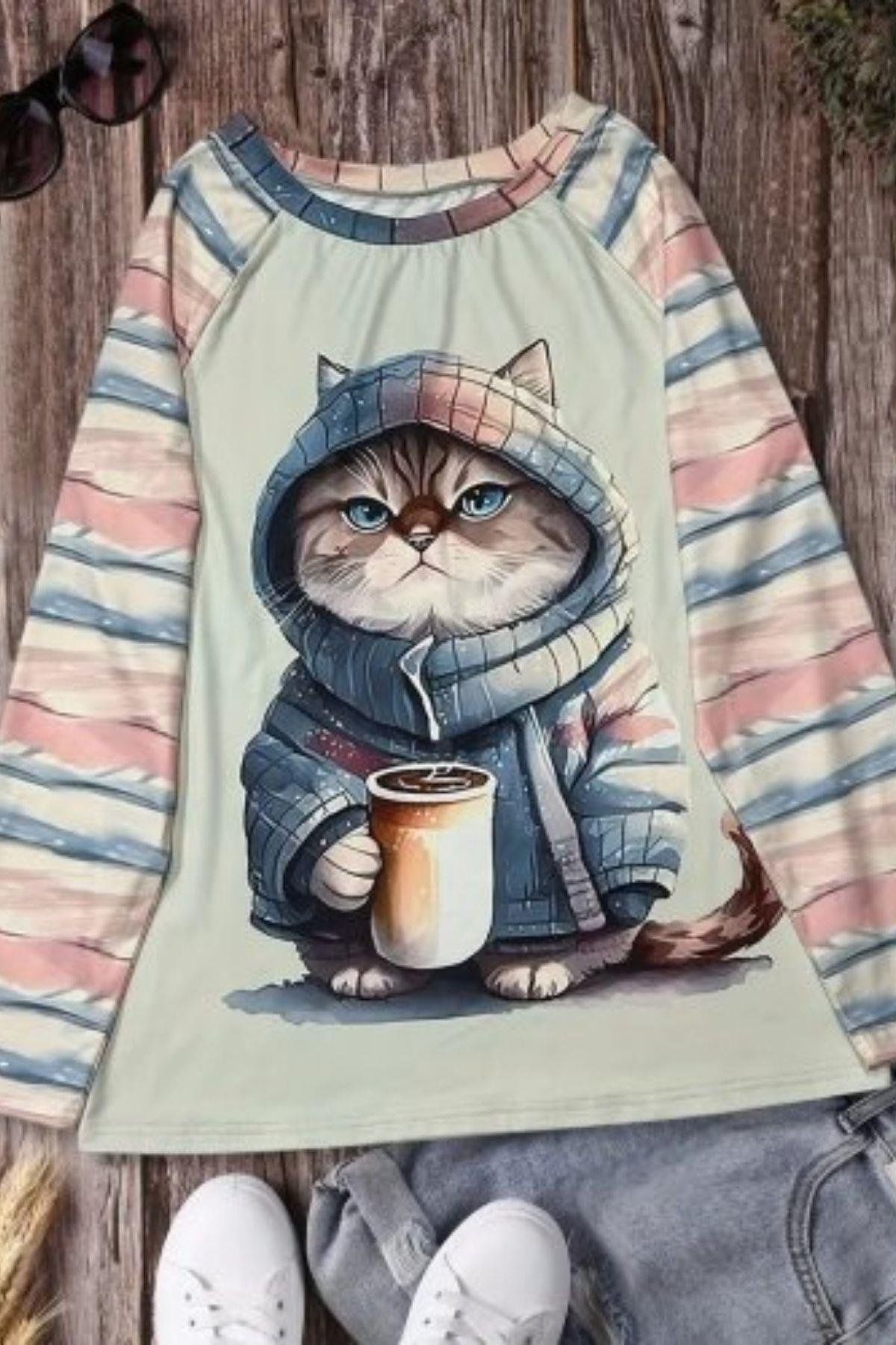 Bisiklet Yaka Kedi Baskılı Şardonlu Dalgıç Bluz Beyaz