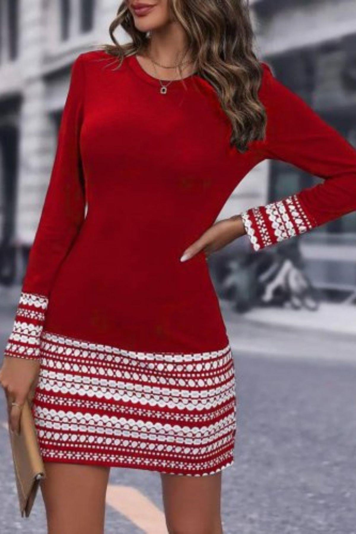 Bisiklet Yaka Kol Ağzı Ve Etek Ucu Baskılı İki İplik Elbise Kırmızı