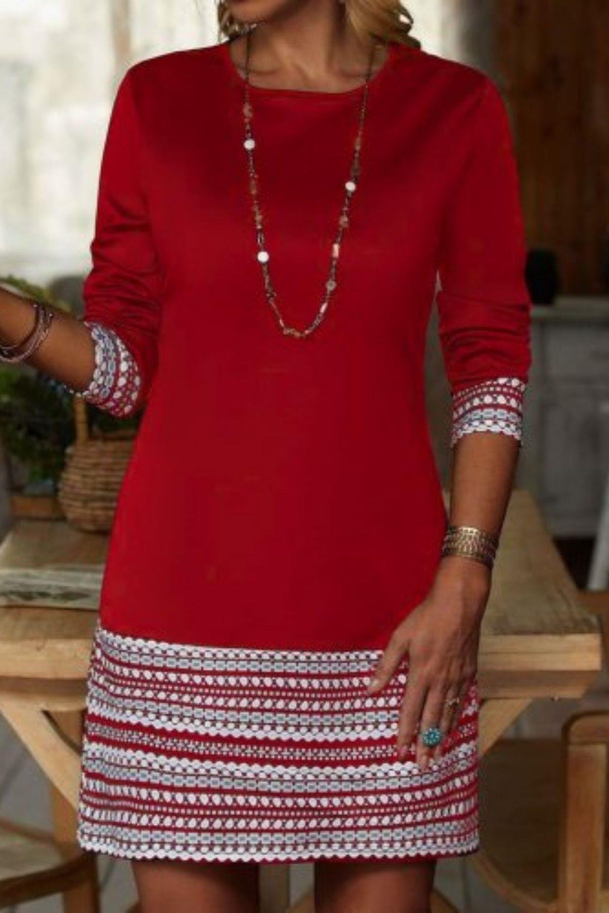 Bisiklet Yaka Kol Ağzı Ve Etek Ucu Baskılı İki İplik Elbise Kırmızı