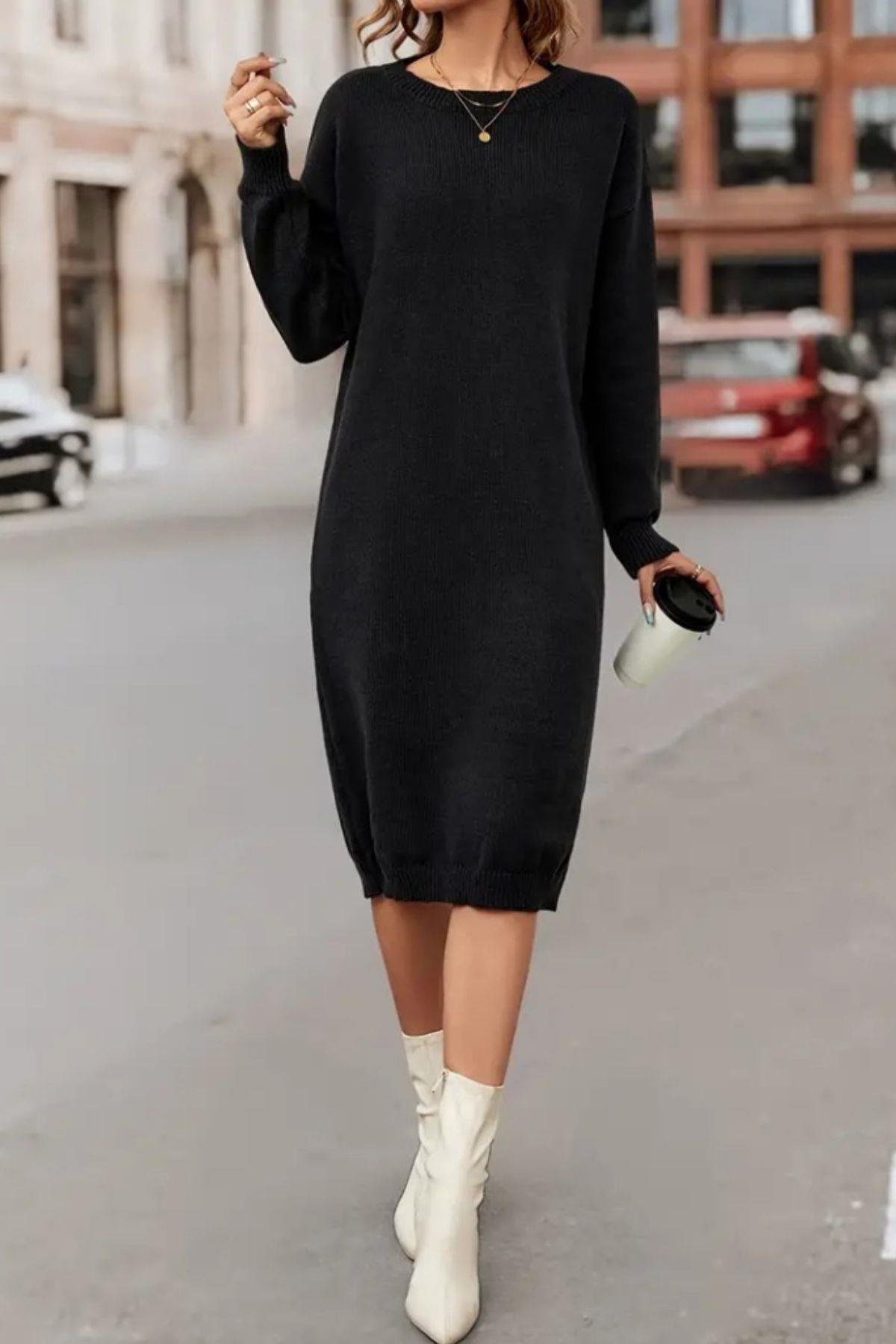 Bisiklet Yaka Yırtmaç Detaylı Triko Elbise Siyah