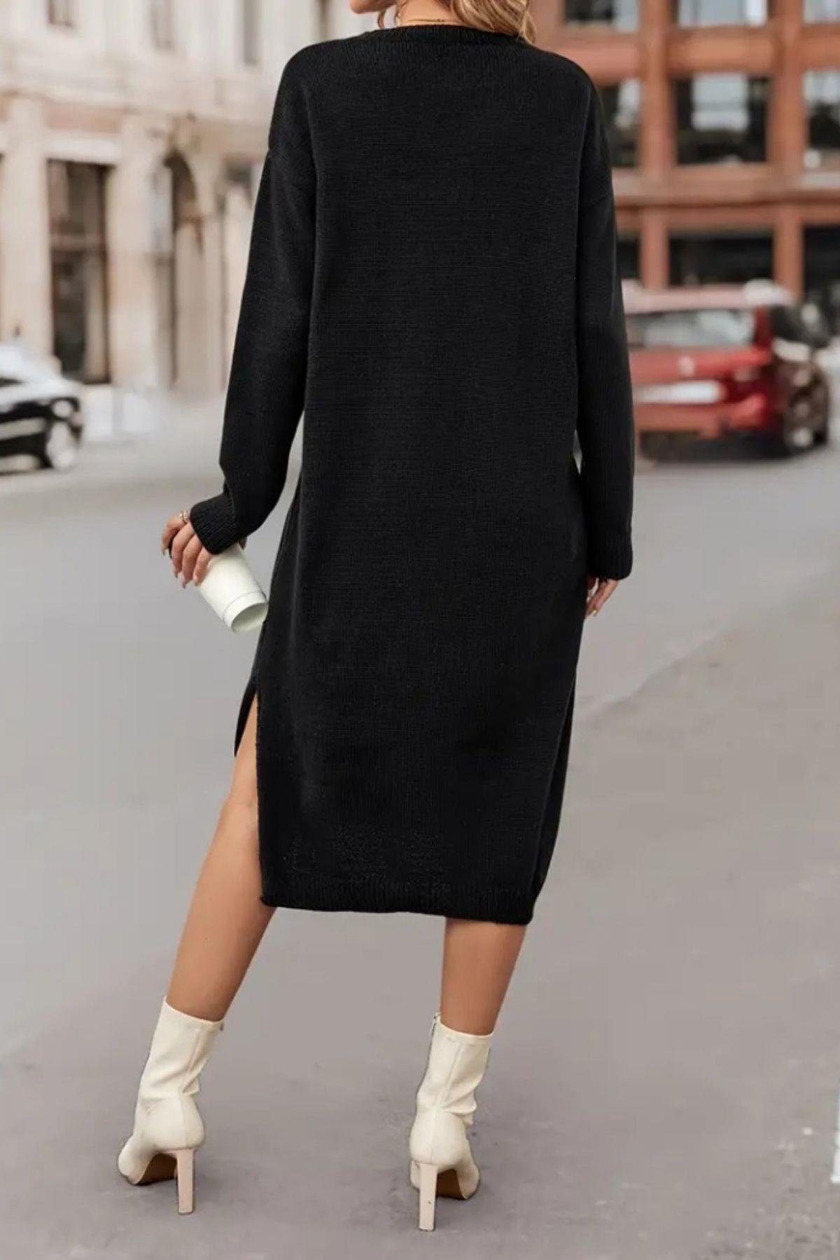 Bisiklet Yaka Yırtmaç Detaylı Triko Elbise Siyah