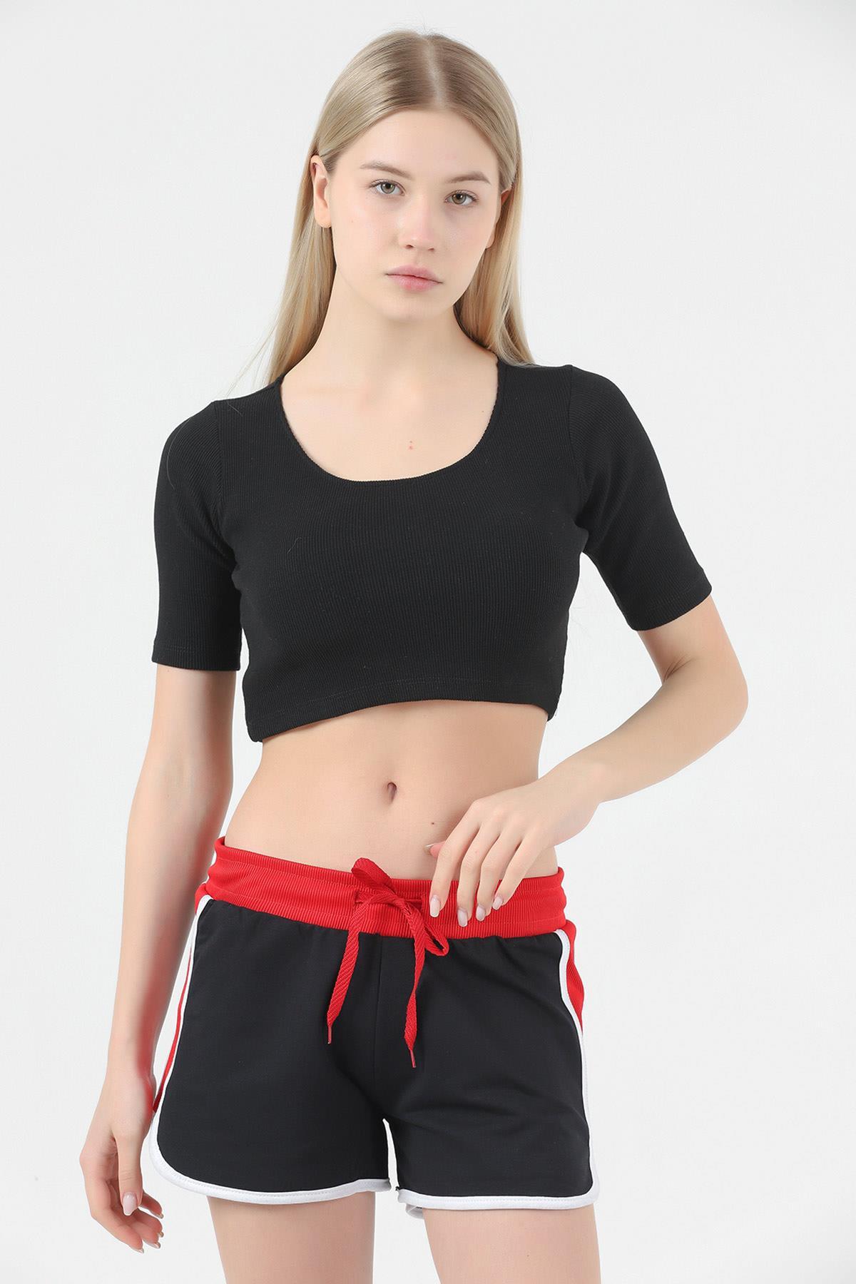 Biyeli Bağcıklı Mini Spor Şort Siyah