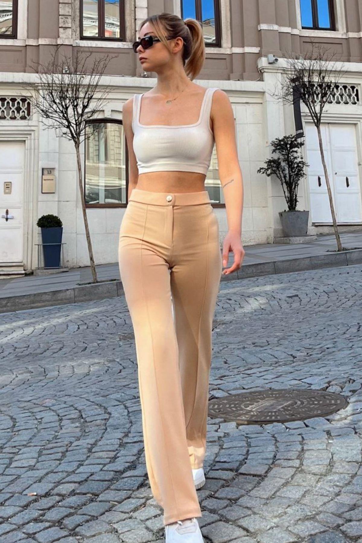 Biyeli Geniş Paça Pantolon Bej