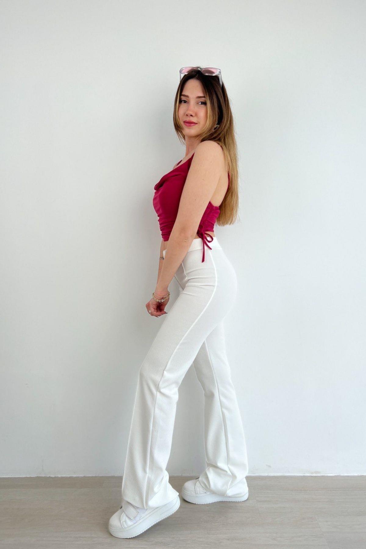 Biyeli Geniş Paça Pantolon Beyaz