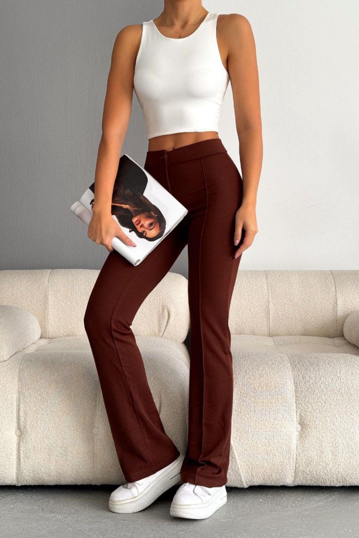 Biyeli Geniş Paça Pantolon Kahve