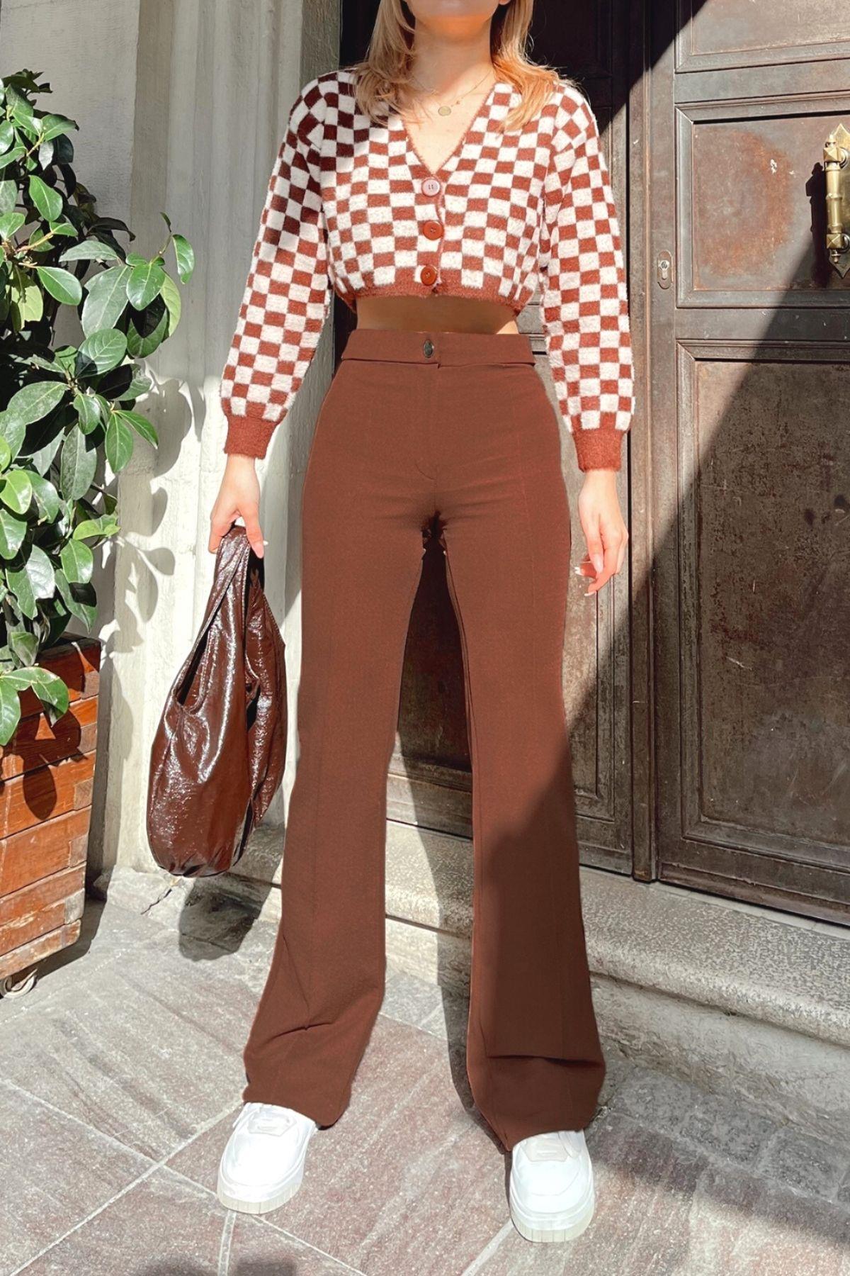 Biyeli Geniş Paça Pantolon Kahve