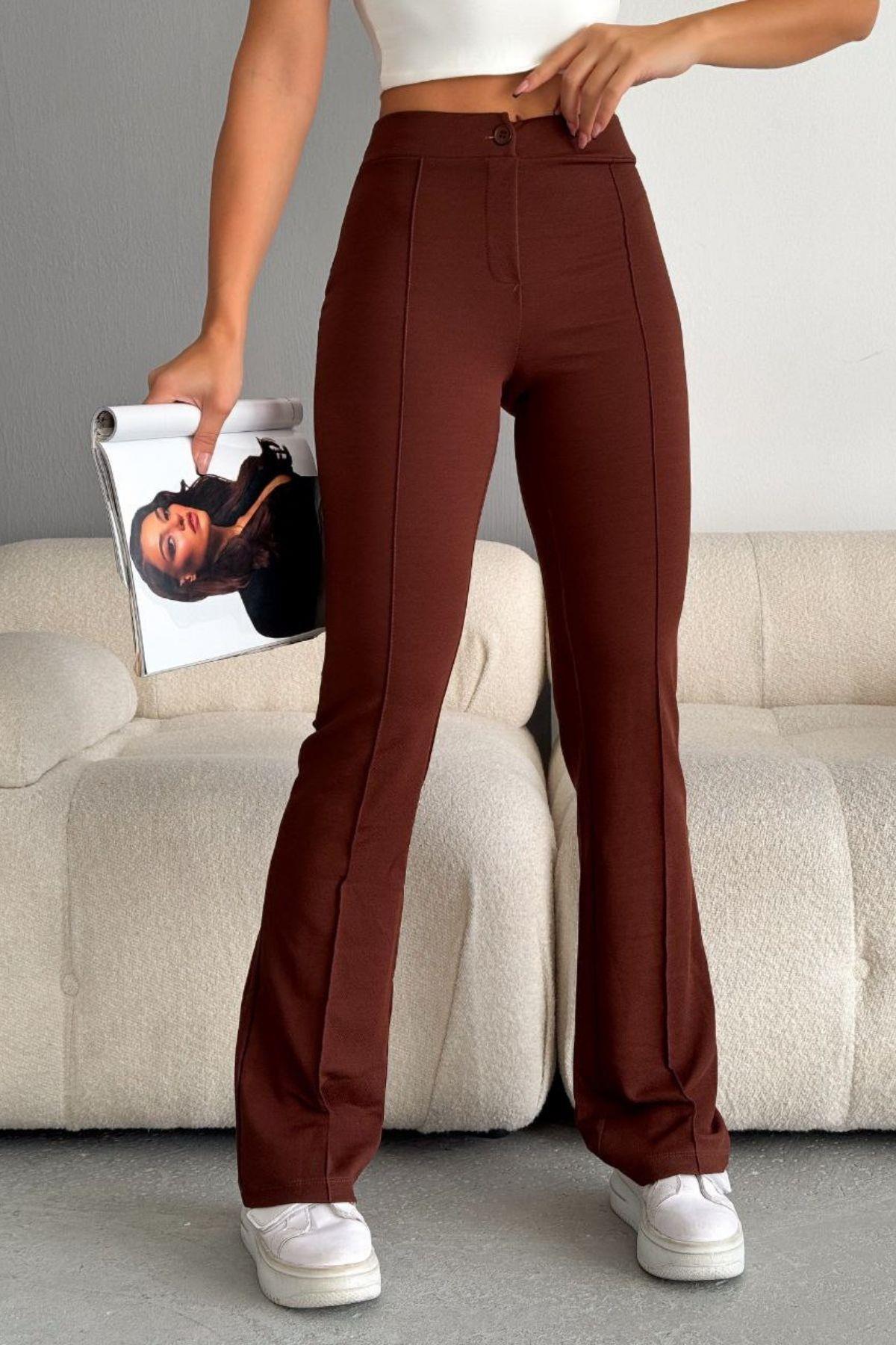 Biyeli Geniş Paça Pantolon Kahve