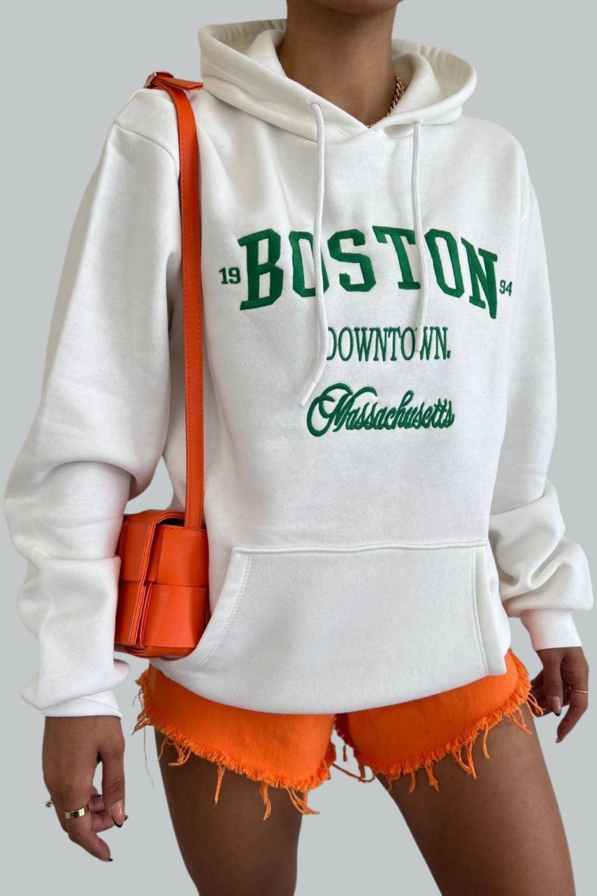 Boston Nakışlı Kalın Salaş Sweat Beyaz