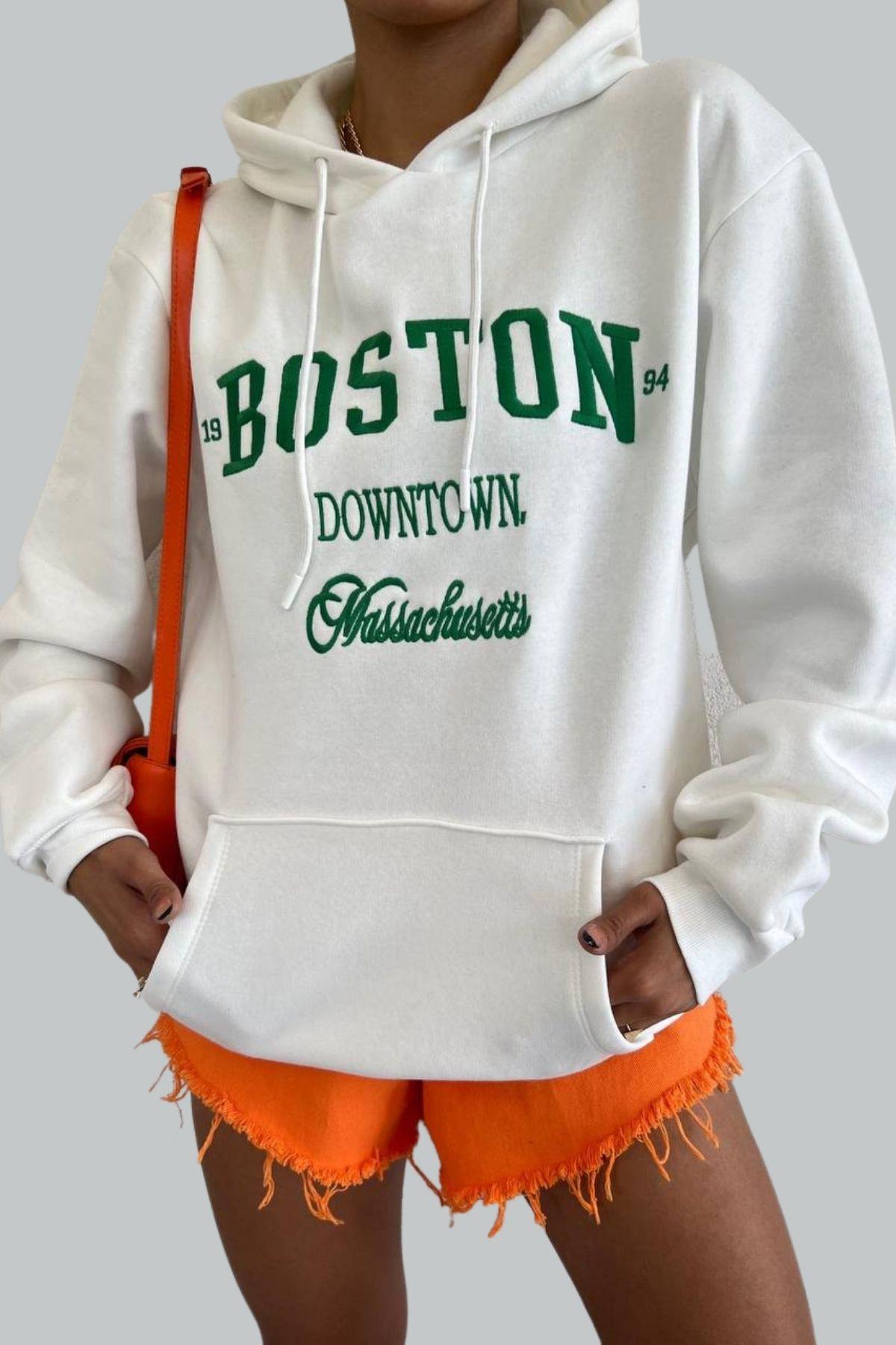 Boston Nakışlı Kalın Salaş Sweat Beyaz