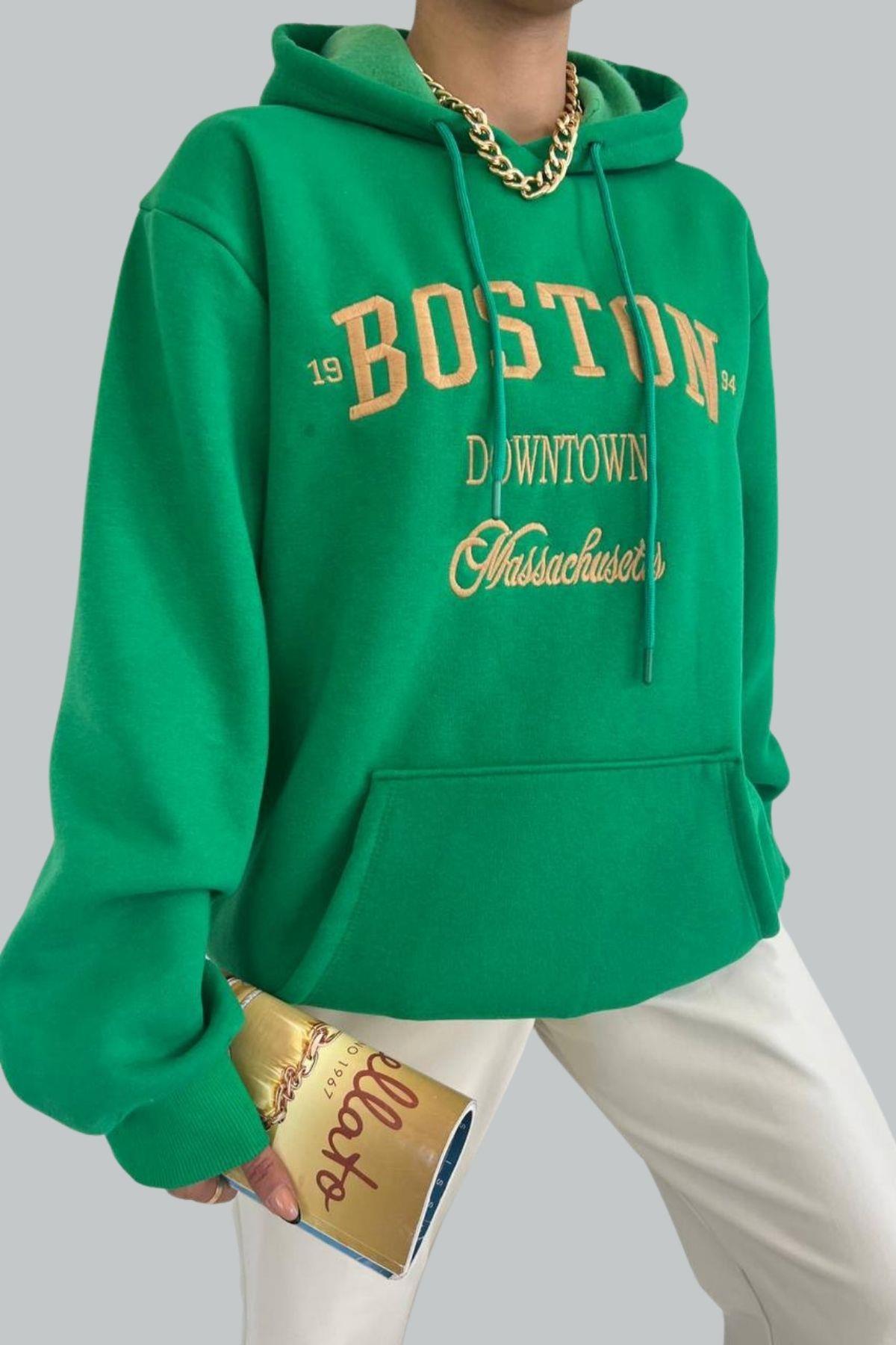 Boston Nakışlı Kalın Salaş Sweat Yeşil