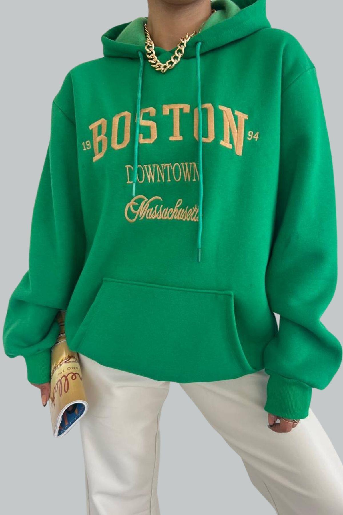 Boston Nakışlı Kalın Salaş Sweat Yeşil