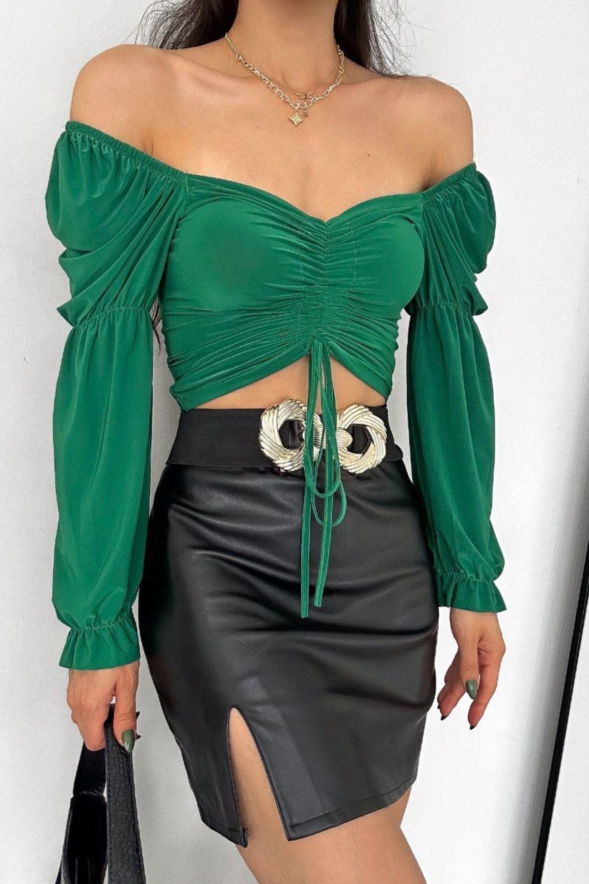Büzgülü Ayarlanabilir Crop Bluz Yeşil