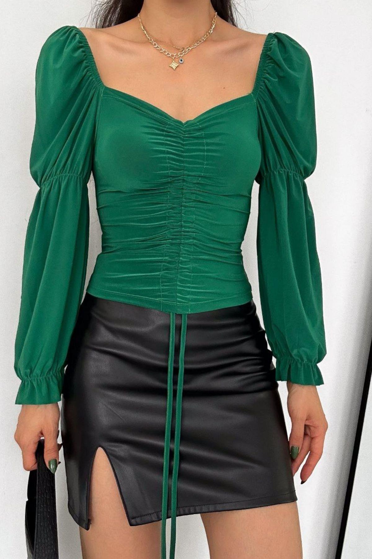 Büzgülü Ayarlanabilir Crop Bluz Yeşil