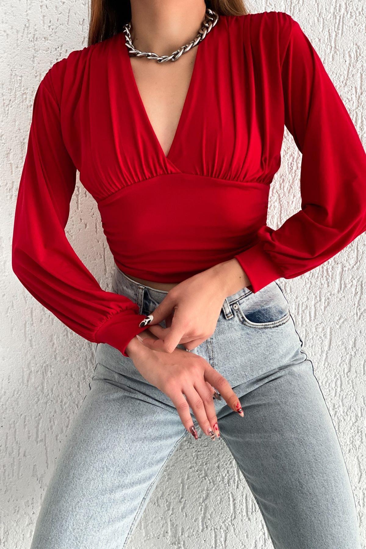 Büzgülü Crop Bluz Kırmızı