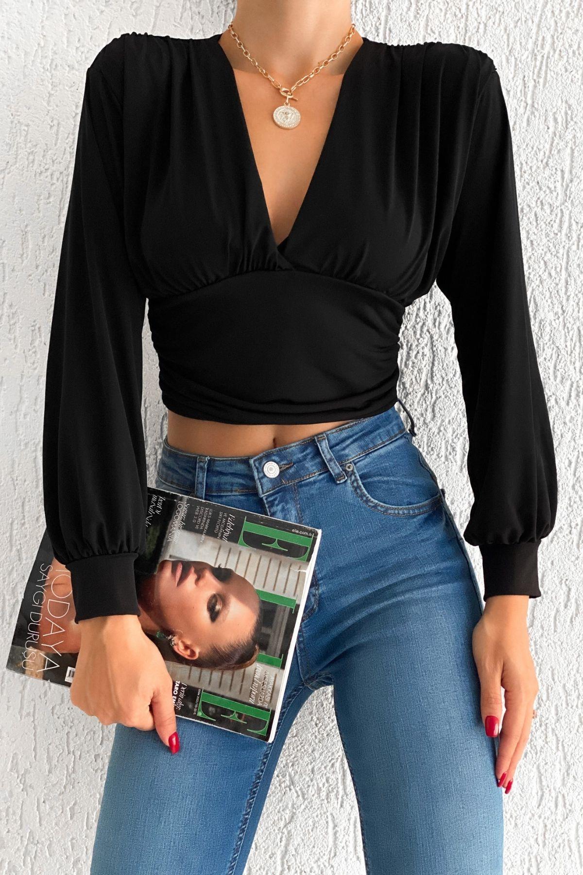 Büzgülü Crop Bluz Siyah